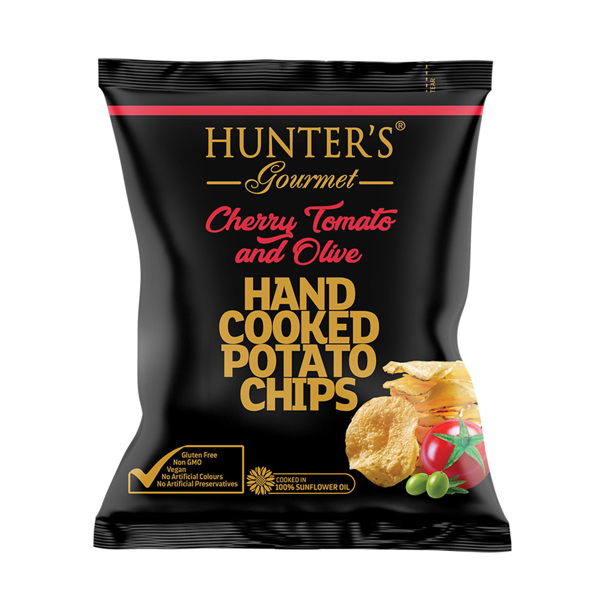 Hunter’s Gourmet Hand Cooked Potato Chips – Cherry Tomato and Olive – Gold Edition (150gm)