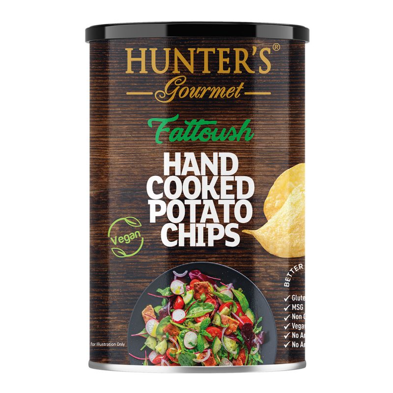 Hunter’s Gourmet Hand Cooked Potato Chips – Fattoush – Middle Eastern Flavours (150gm) The golden crunchy hand-cooked potato chips burst with the citrus flavours of lemon and sumac, followed by fresh and vibrant spices, give you a refreshed and energized snacking experience. Do You Know? Sumac, an essential ingredient in the Fattoush salad dressing, has the reminiscent of fresh lemon juice and is harvested from the fruit of the sumac flower. Middle Eastern cuisine is full of flavours and an array of adventurous spices. We are truly inspired by the land we make our chips on, by our love of the food and people around us, we created this range of Hunter’s Gourmet Hand Cooked Potato Chips replicating some of the most famous and beloved Middle Eastern dishes: Shawarma, Fattoush, Shakshuka. While you are enjoying and savouring these bold and vibrantly flavoured chips, you could also read about Stories of Us, all the people who work at Hunter Foods, who make the chips happen, and their stories and life in the Middle East. Hunter’s Gourmet Hand Cooked Potato Chips – Fattoush – Middle Eastern Flavours (150gm) 150gm Canister. Potato Chips, Vegan, Vegetarian, Gluten Free, MSG Free, Non GMO, No Artificial Preservatives, No Artificial Colours, No Trans Fat, No Cholesterol, Dairy Free, Lactose Free, Halal.