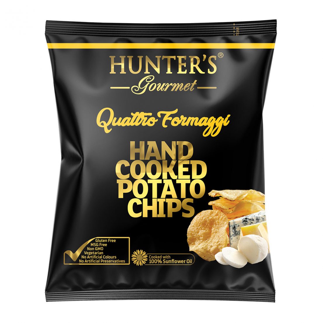 Hunters Gourmet Hand Cooked Potato Chips Quattro Formaggi Gold 